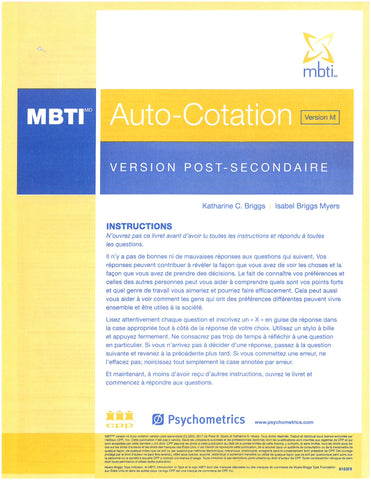 MBTI<sup>MD</sup> Niveau I - Auto-cotation, Version post-secondaire (Version M)